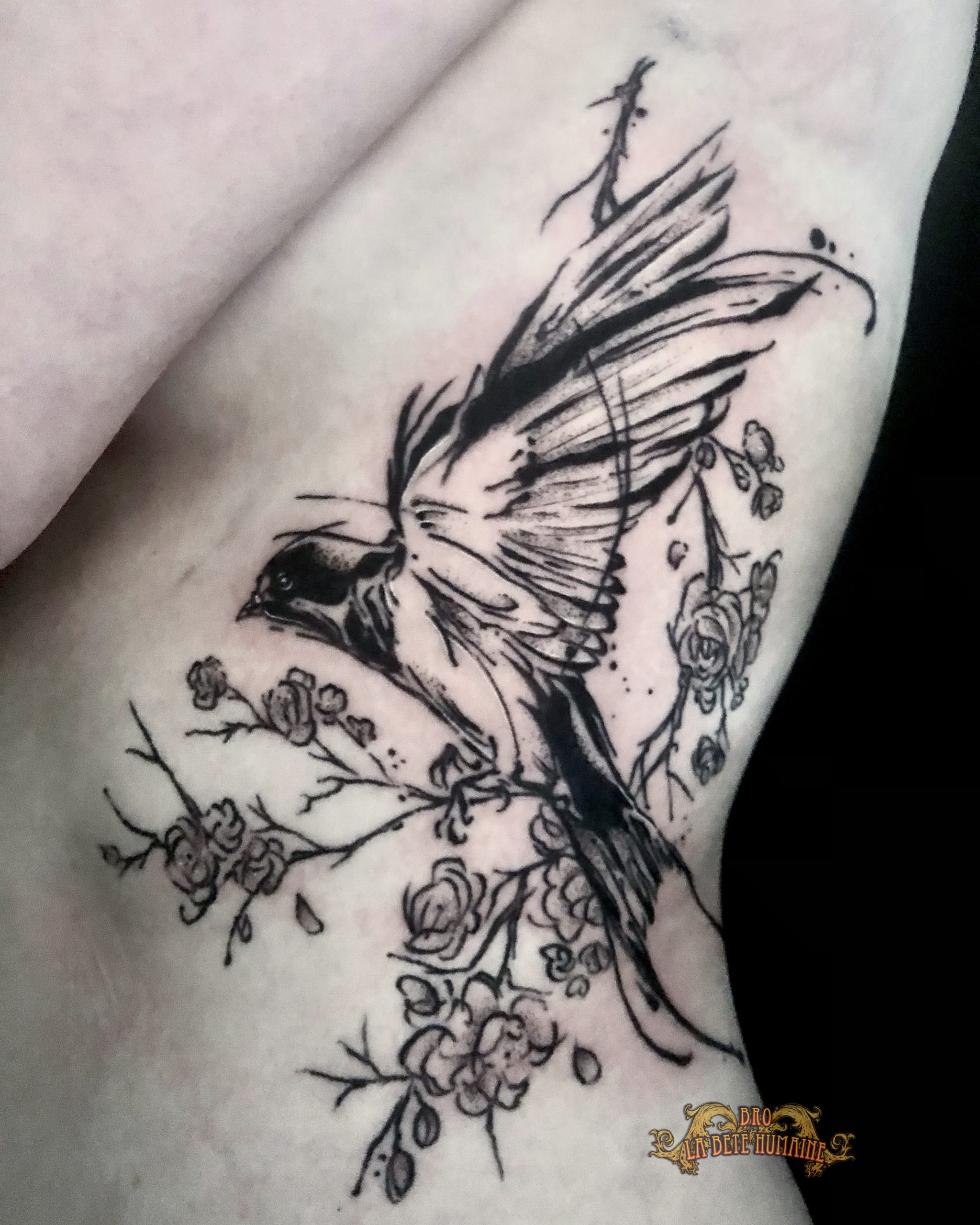 Bro Vanthorn, tatoueur à Paris - Hirondelle sketchy tatouée en noir et gris