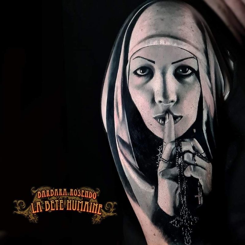 Barbara Rosendo, tatoueuse à Paris - Portrait de nonne appelant au silence