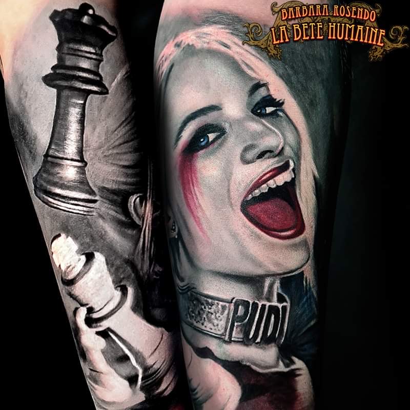 Barbara Rosendo, tatoueuse à Paris - Portrait d’Harley Quinn et pièces de jeu d’échecs