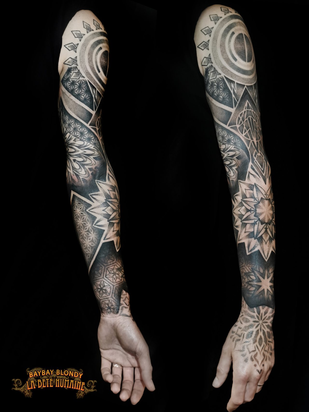 Bras complet graphique tatoué de l’épaule au dos de la main par Baybay Blondy