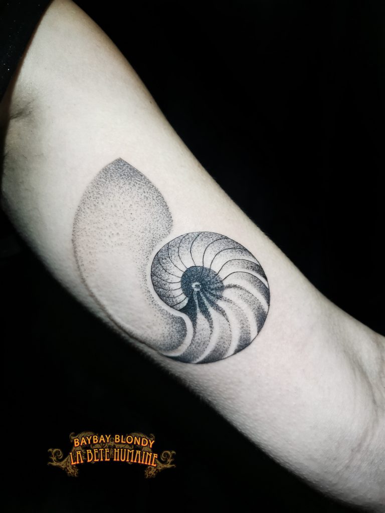 Tatouage de fossile réalisé en dotwork par Baybay Blondy