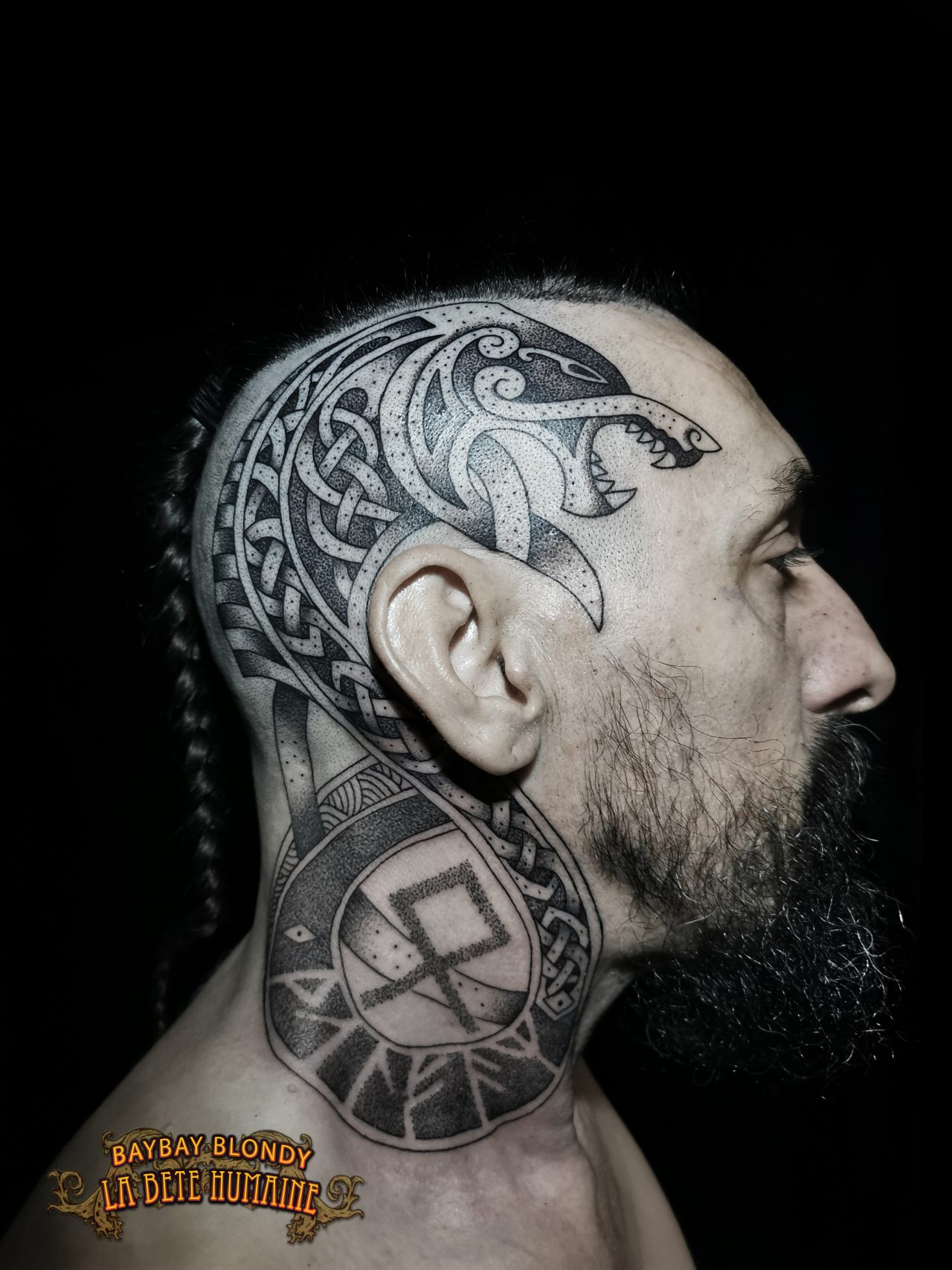 Tatouage viking de loup sur le crâne réalisé par Baybay Blondy