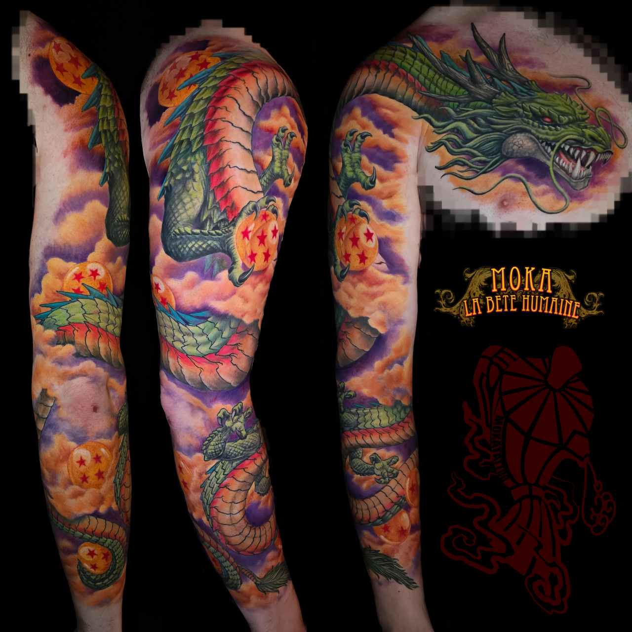 Dragon et boules de cristal : composition autour du manga Dragon Ball tatouée par Moka