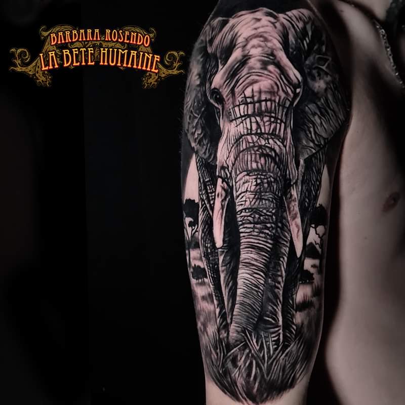 Éléphant réaliste parcourant la savane, tatoué par Barbara Rosendo