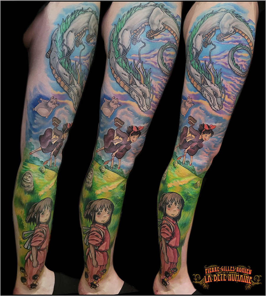 Composition en couleurs autour du studio Ghibli (Chihiro, Haku, Kiki la petite sorcière) tatouée par Pierre-Gilles Romieu - meilleur tatoueur Paris