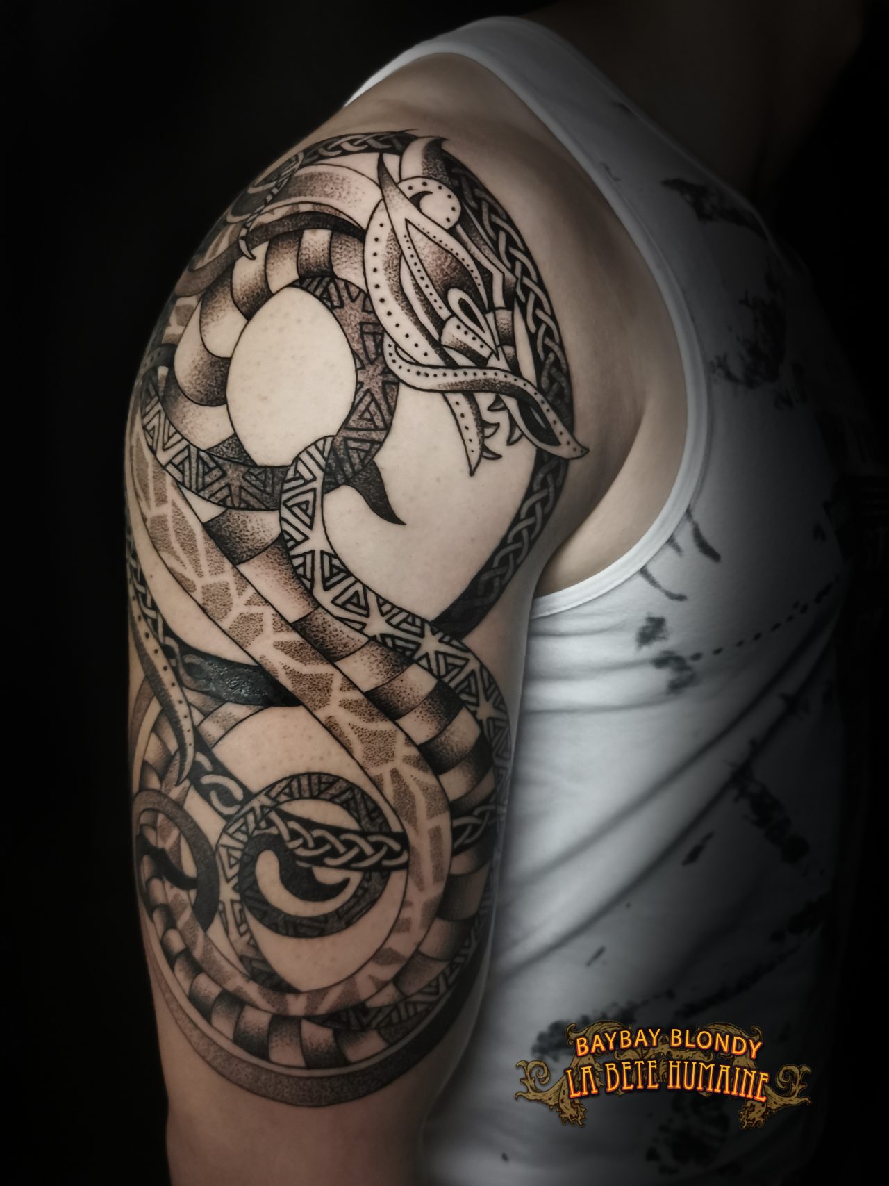 Tatouage serpentin réalisé en dotwork sur le bras par Baybay Blondy