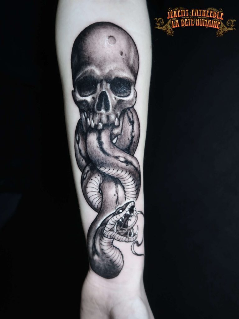 Crâne et serpent réalistes tatoués sur bras par Jérémy Fatneedle