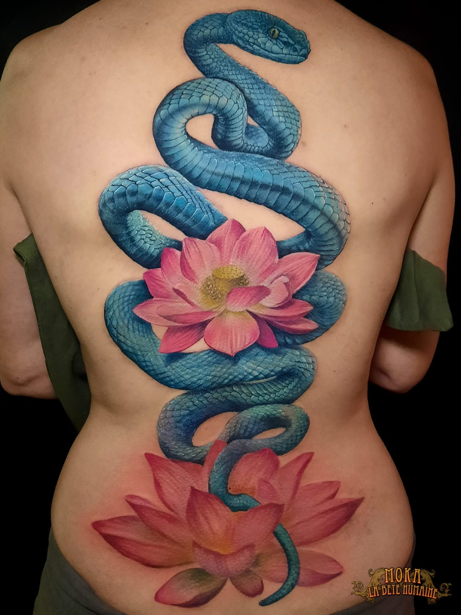 Tatouage réaliste sur un dos complet ; un serpent bleu enroulé autour de fleurs de lotus roses, signé Moka au salon La Bête Humaine à Paris.