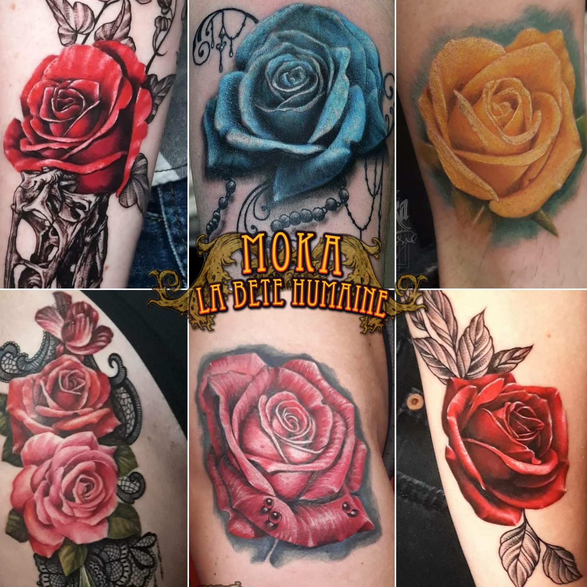 Collage de six tatouages de roses réalistes colorées sur bras et avant-bras, réalisé par Moka au salon La Bête Humaine à Paris.