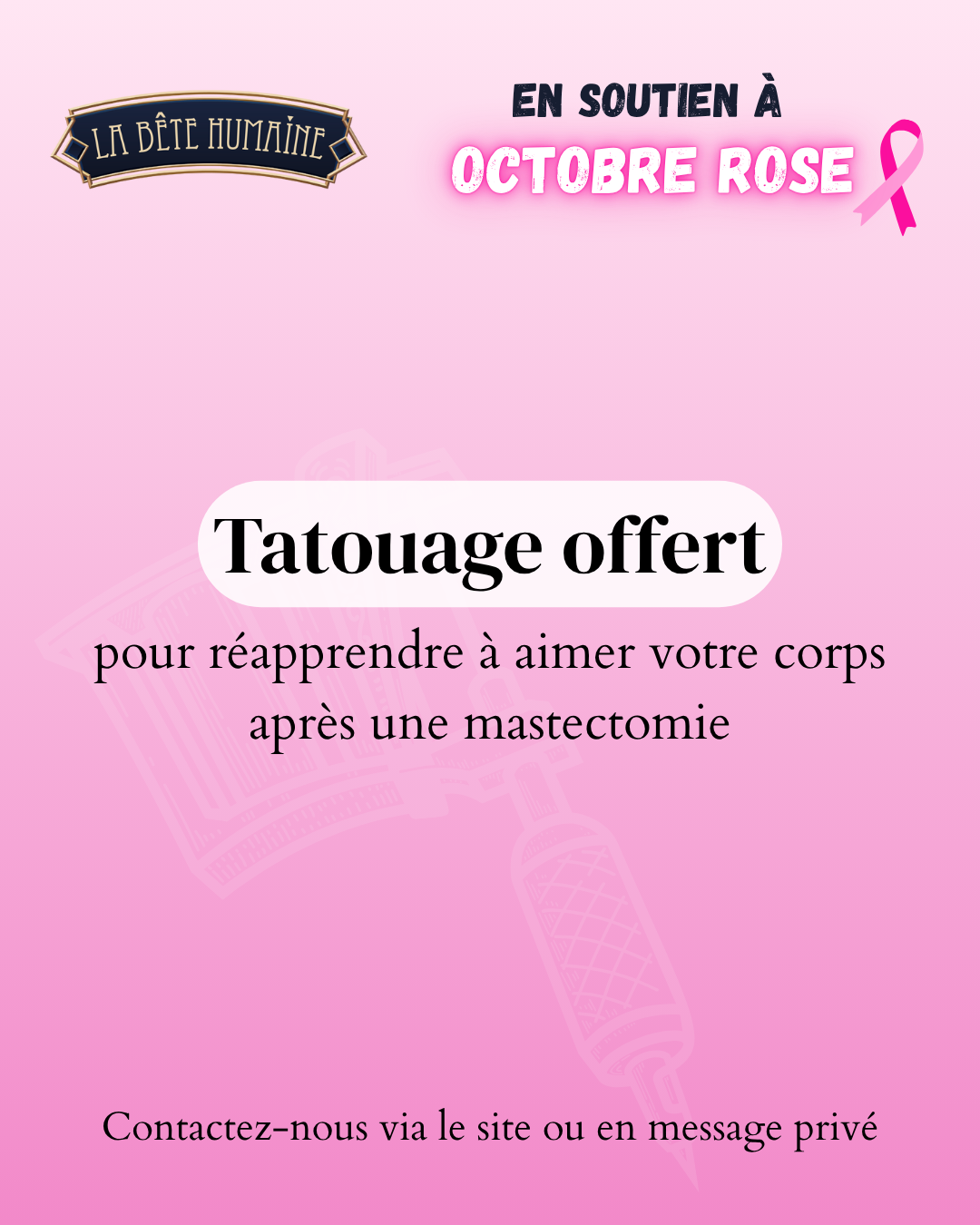 En soutien à Octobre Rose, La Bête Humaine Tatouage à Paris offre des tatouages artistiques après mastectomie.