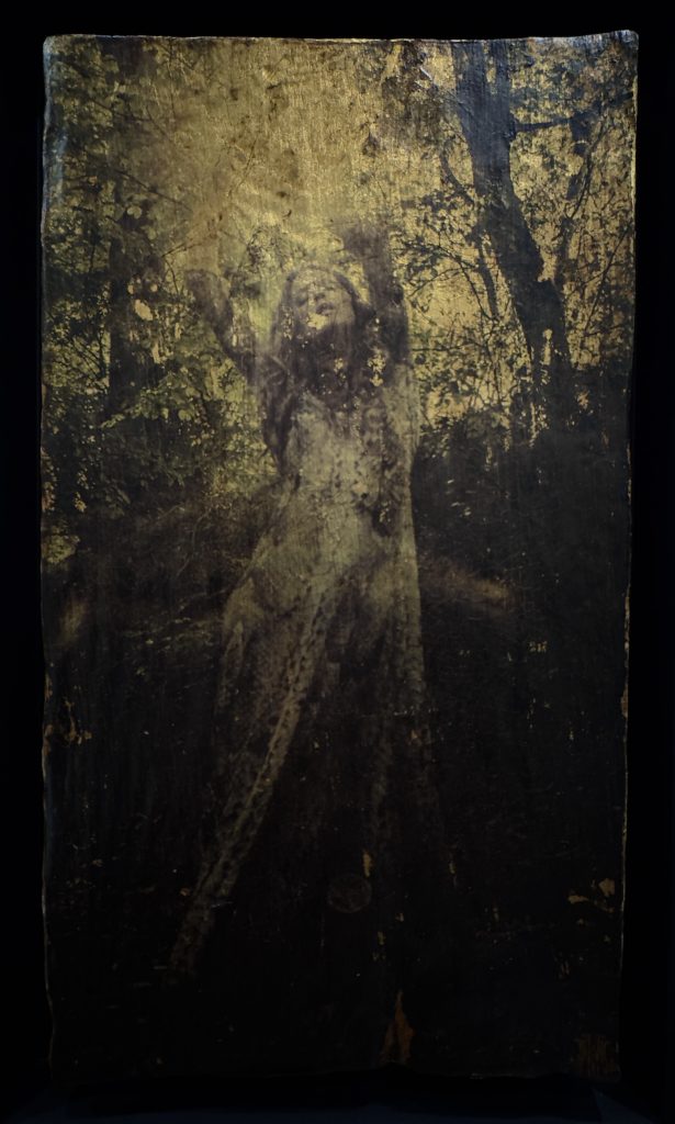 Œuvre photographique sur support patiné montrant une silhouette féminine dans un paysage boisé, réalisée par Michka Kovalsky.