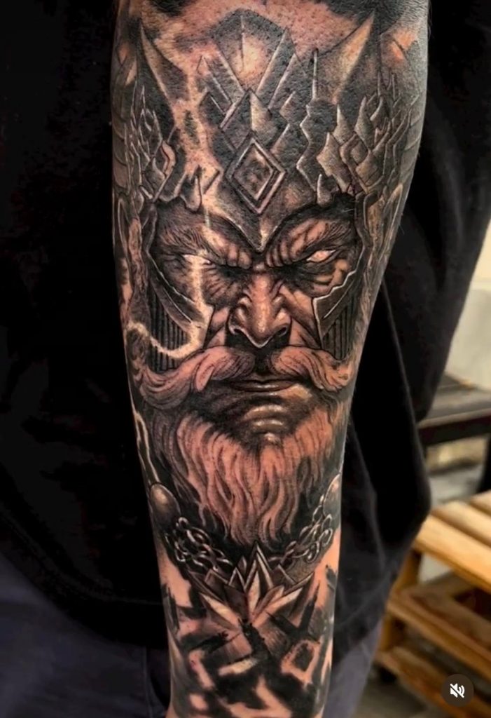 tattoo of a viking in black and grey by Alvaro Sanchez
