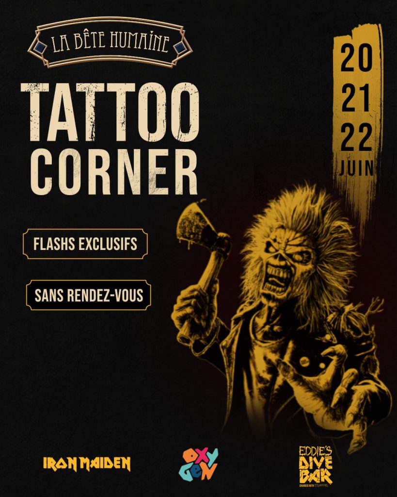 Affiche La Bête Humaine annonçant un tattoo corner Iron Maiden au Eddie’s Dive Bar à Paris du 20 au 22 juin 2026, avec flashs exclusifs et sans rendez-vous.