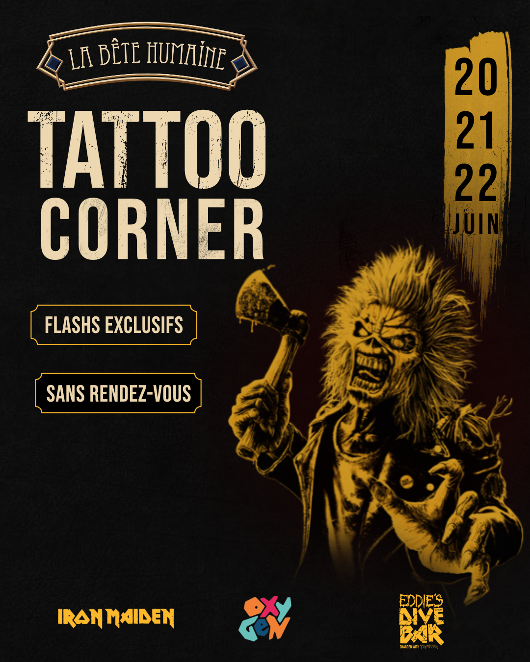 Affiche La Bête Humaine annonçant un tattoo corner Iron Maiden au Eddie’s Dive Bar à Paris du 20 au 22 juin 2026, avec flashs exclusifs et sans rendez-vous.